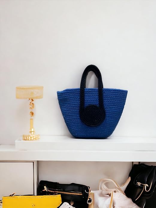 BEAUTIFUL HOMMIES Attractive Hand Bag | large Tote Bag | Summer Bag | Bucket Bag | Basket Bag | Bamboo Tote | Beach Bags for Women | Boho Bag | Handbag | jute Bag | Handmade Bag| (BLUE-BLACK)