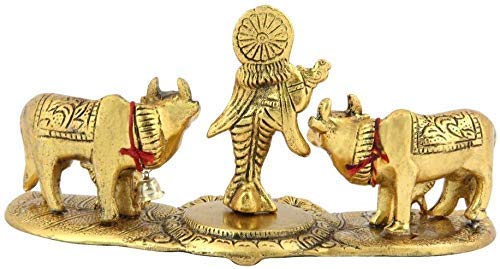 Prince Home Decor & Gifts Cow Pair with Krishna Standing Home Decor Luck Holy with Calf Statue Spiritual Showpiece (Multicolour)