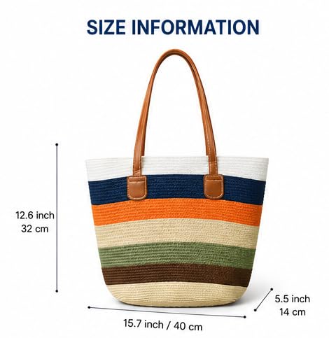 Valerie Women Straw Tote Bag for Beach & Travel, Large Woven Shoulder Handbag with PU Leather Handles, Stylish Summer Tote Purse for Shopping, Vacation & Daily Use (Beige)