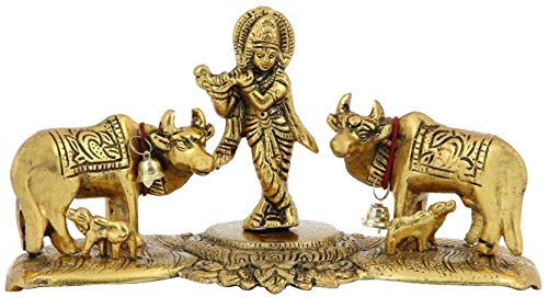 Prince Home Decor & Gifts Cow Pair with Krishna Standing Home Decor Luck Holy with Calf Statue Spiritual Showpiece (Multicolour)