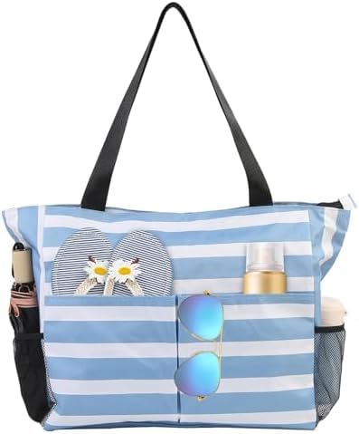 hirTa Roof Tote Bag for Teacher Women Office Girls Work Multipurpose Zipper Pocket Travel Grocery Beach Hobo Handbag Waterproof Sandproof Lightweight Pool (Light Blue White Strap)