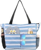 hirTa Roof Tote Bag for Teacher Women Office Girls Work Multipurpose Zipper Pocket Travel Grocery Beach Hobo Handbag Waterproof Sandproof Lightweight Pool (Light Blue White Strap)