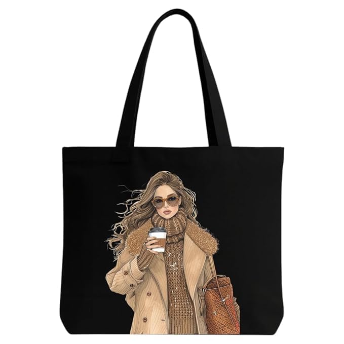 STYLLURE Printed Tote Bag for Women, Black Canvas Shoulder Bag, Lightweight and Spacious, Reusable Handbag for College, Office & Daily Use 40x30 cm. (Stylish Women)