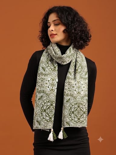 tweedle Pure Cotton Summer Scarf for Women,soft, Printed, Breathable Stole for Sun and Wind Protection - White/Green