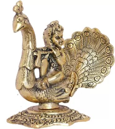 KridayKraft Lord Krishna Sitting on Peacock Metal Statue Krishna Idol Playing Flute Decorative Showpiece - 15 cm (Aluminium, Gold)