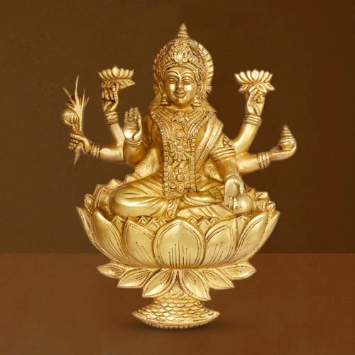 ARTVARKO Big Brass Laxmi Murti Lakshmi Wall Hanging Idol Luxmi Goddess Lakshmi Sitting on Lotus Statue in Blessing Postures for Home Puja Mandir Temple Height 12 Inch