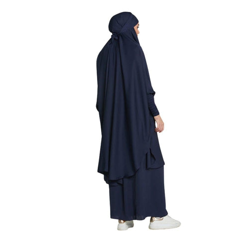 2-Piece Knee-Length Jilbab Set Khimar Style Abaya and Skirt with Chunnat Sleeves Dolman Sleeves Navy Blue Color Tie Back Burkha Jilbab Khimar Style Abaya Hijab Niqab Islamic Modest Wear for Women
