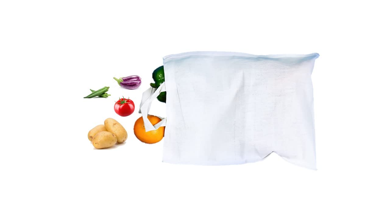 LUSKA Cotton Grocery Shopping Bags (Pack of 5) | with Handles | Hold 7 kg | 15 x 17 | White Hand-Made Reusable Eco Friendly Biodegradable Jhola Bag | Grocery Bags for Shopping | Gift Bags