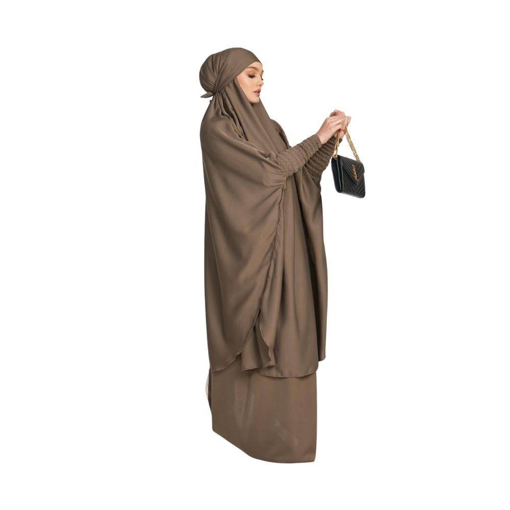 MODEST CITY 2-Piece Knee-Length Jilbab Set Khimar Style Abaya and Skirt with Chunnat Slevees/Dolman Sleeves Brown Color| Tie Back Burkha Jilbab Khimar Style Abaya