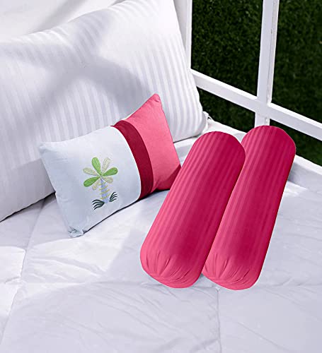 Trance Home Linen 100% Cotton 16x32 inch 200TC Striped Bolster Cover | Round Bed Side Long Bolster Pillow Cover to fit 24 Length 9 Dia | Pack of 2 Bolster Cover only (16x32 inch,Rose Pink)