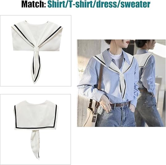 HAYZO Women's Sailor Collar Scarf | Detachable Fake Collar Necklace | Sailor Style Shawl Wrap for Sweater, Shirt & Dress | Fashion Accessory Top Collar (White)