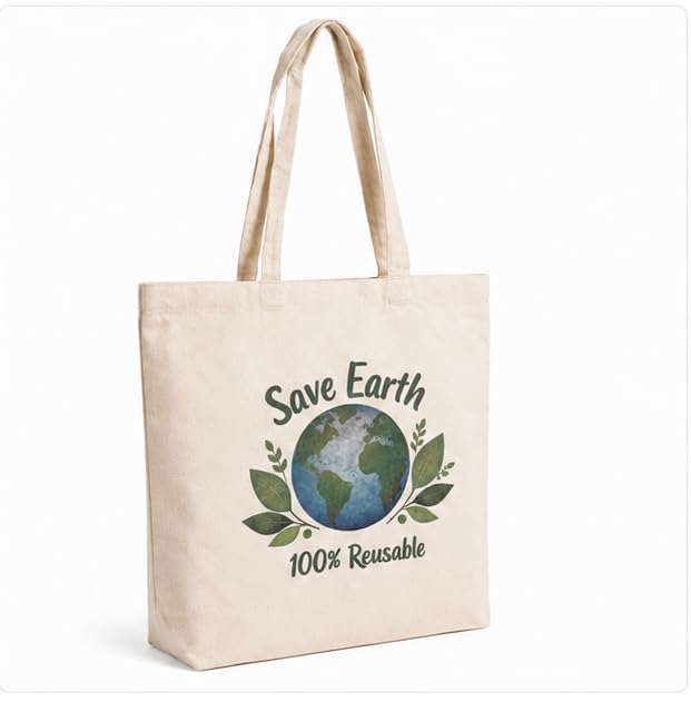 Cotton Canvas Tote Bag, Natural, 100% Cotton, Large, Shopping & Daily Use, Single Compartment, Printed, 330 GSM (Eco Design – Save Earth (100% Reusable))