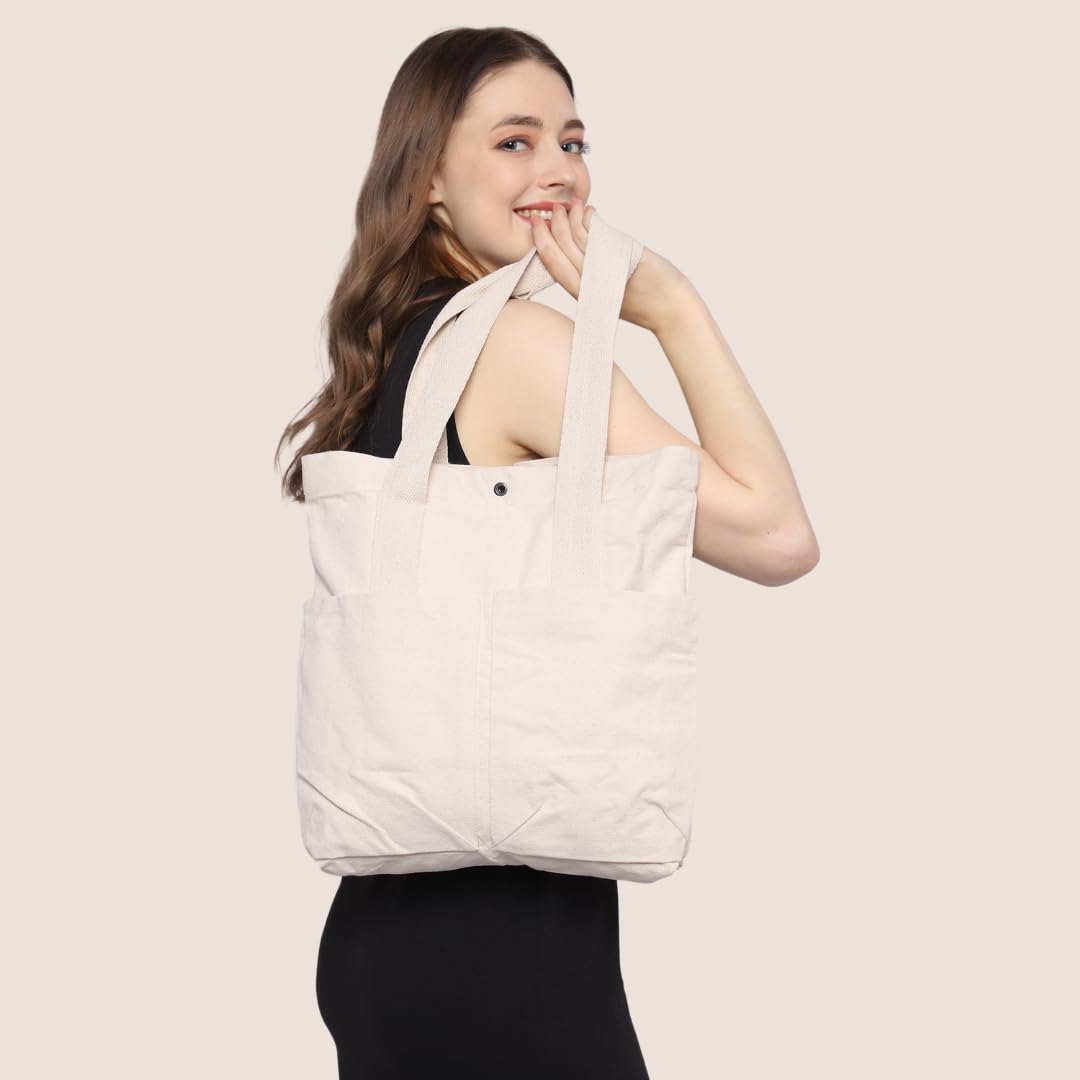NECAVU Canvas Tote Bag for Women | Aesthetic Canvas College Bag for Girls with Inner & Outer Pockets | Cotton Utility Women Handbags for Shopping, Travel & Daily Use | (Natural, Off-White)