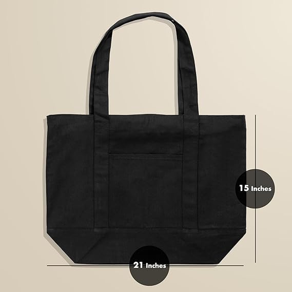 Econest Large Canvas Tote Bag for Women, Beach Bags, Travel Bag with Outer Pockets & Inner Zipper Pocket, Reusable Multi-Purpose Cotton Bags for School/Gym/Shopping/Beach & Groceries, (BLACK)