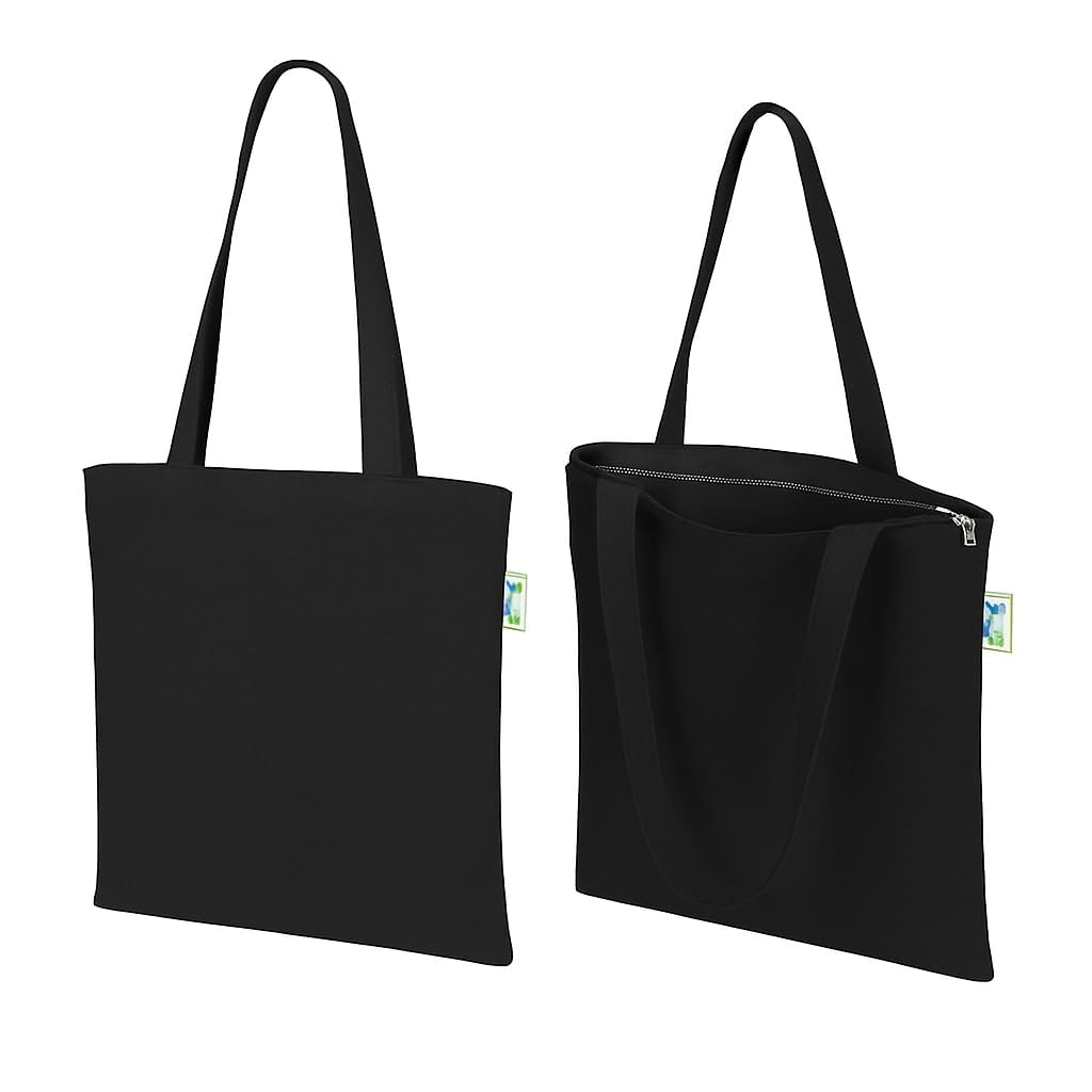 VantageKart 10 oz 16 x 16 Square Black Cotton Plain Tote Shopping Bags | Heavy Duty, Washable, Eco Friendly Canvas Tote Bag with zip – Set of 2