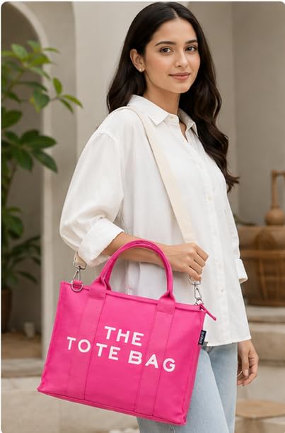 AQVA Printed Cotton Canvas Tote Bag with Detachable Sling Strap for Women | Large Capacity | Stylish Multipurpose Handbag with Zipper | Shoulder Bag for Laptop, Office & Travel (Pink)