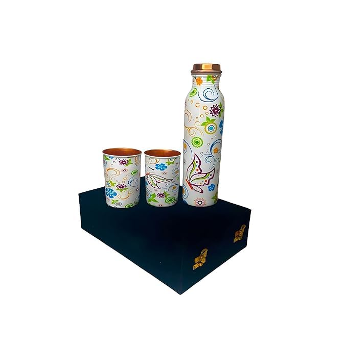 Piepot Copper Water Bottle 1 Ltr | Copper Water Bottle with Glass Set | Meena Work | 100% Pure | Leak-Proof | 2 Water Glass 300ml each | Best for Gifting ((Meena - Butterfly))
