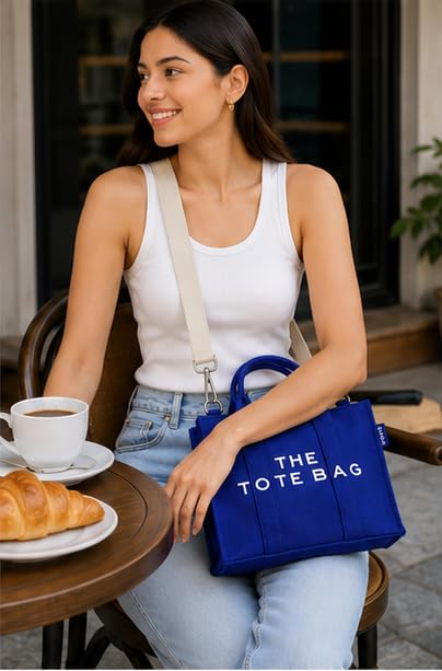 AQVA Small Tote Bag for Women with Pouch | 100% Cotton Canvas Mini Handbag | Stylish Shoulder Bag for Office, Travel, Daily Use (10x8x5 inch, Royal Blue)