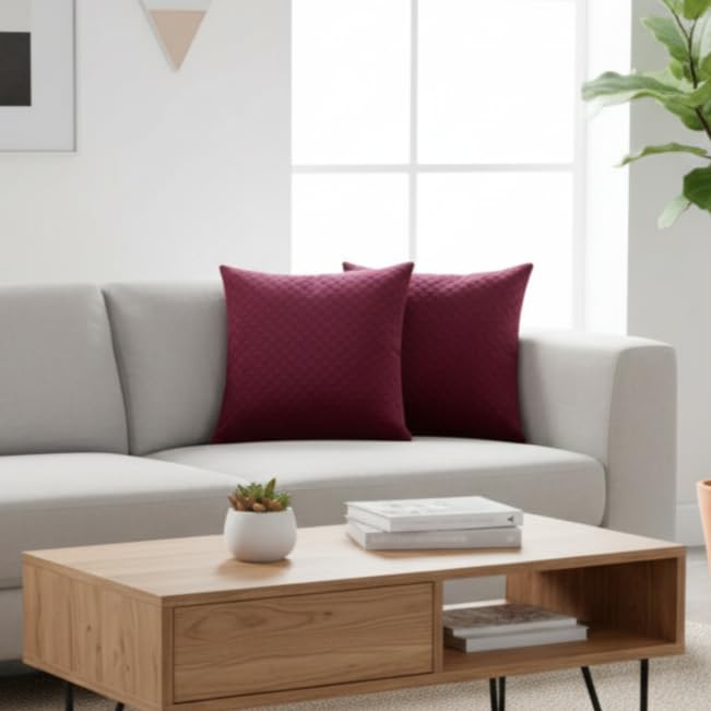 STITCHNEST Quilted Velvet Cushion Covers Set of 2 | Soft Maroon | 18x18 Inches | Premium Sofa & Living Room Décor