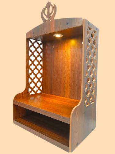 Premium Wooden Wall Pooja Mandir with Built in LED Light, Sikh Khanda Top Design, Stylish Prayer Temple for Home, Office