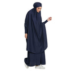 2-Piece Knee-Length Jilbab Set Khimar Style Abaya and Skirt with Chunnat Sleeves Dolman Sleeves Navy Blue Color Tie Back Burkha Jilbab Khimar Style Abaya Hijab Niqab Islamic Modest Wear for Women