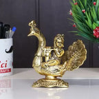 KridayKraft Lord Krishna Sitting on Peacock Metal Statue Krishna Idol Playing Flute Decorative Showpiece - 15 cm (Aluminium, Gold)