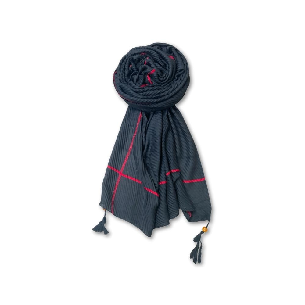 FAHABO Scarf Woman Pleated Cotton with Striped Border and Tassels Scarves | Hijab Scarf | Headscarf | Neck Scarf | Stoles | Wraps (Black)