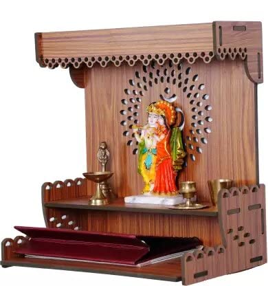 HM Om Pooja Wooden Mandir for Home Wall Mounted | Wood Puja Home Temple with Double Shelf for Storage and God Idols Decoration for Living Room, Bedroom and Office