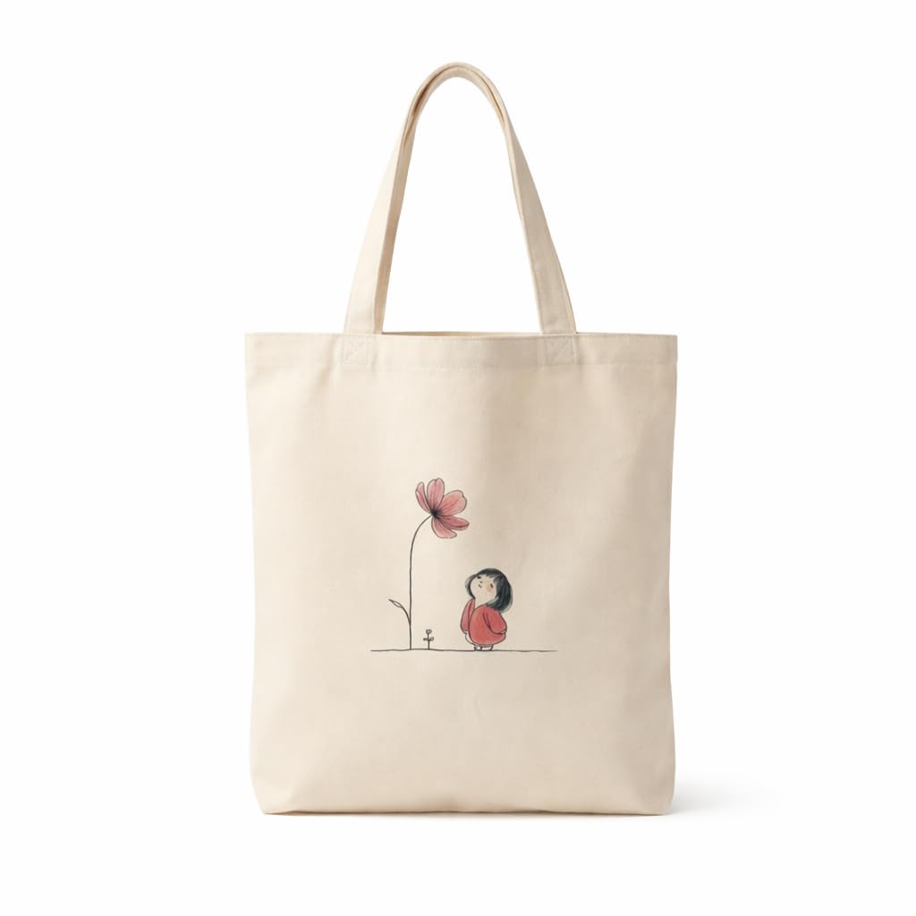 Minimalist Girl & Flower Printed Canvas Tote Bag for Women | 16x14 Inch Cotton Shoulder Bag | Aesthetic Reusable Handbag for College, Office & Shopping