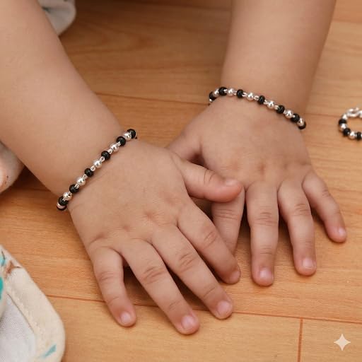 Njels 925 Silver Nazariya for Baby Boy and Baby Girls | New Born to 3 years Age | 5.5 Inch Plus 1.0 Inch Extension Chain | 925 Stamped Silver Bangles for Baby Girl