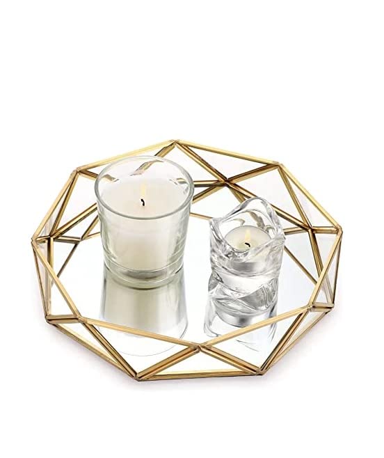 ARTINCO Gold Clear Glass Mirror Make up Vanity Tray Jewelry Organizer Cosmetic Display, Geometric Shape Perfume Display Decorative Tray for Home Decor Dresser Countertop 7.5 x 2 Inch Small