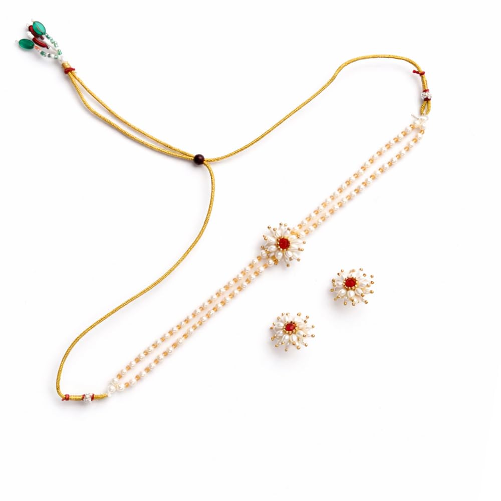 Anuradha Art Jewellery traditional white and golden pearl with red stone stud flower Mogra/Parijat/handmade/handcrafted necklace jewellery for women and girls.