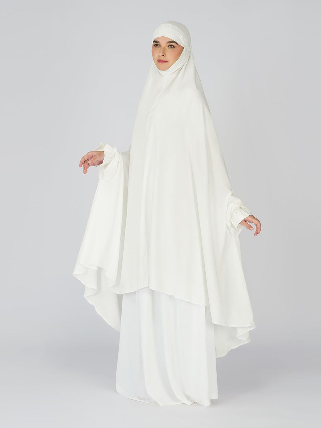 ANAApparels ANA Raha White Solid Prayer Dress – Premium Modal Namaz Makhna with Tie Knot | 50″ Front × 58″ Back | Attached Sleeves | Lightweight, Breathable, Ready to Wear for Hajj, Umrah & Salah