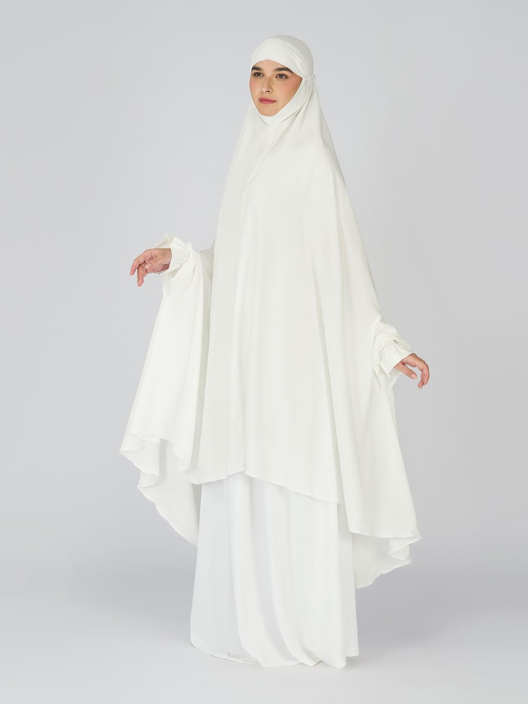 ANAApparels ANA Raha White Solid Prayer Dress – Premium Modal Namaz Makhna with Tie Knot | 50″ Front × 58″ Back | Attached Sleeves | Lightweight, Breathable, Ready to Wear for Hajj, Umrah & Salah