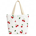Cherry Print Canvas Tote Bag for Women, Cute Cotton Shoulder Handbag with Magnetic Button Closure, Reusable Shopping Bag for College, Office, Travel & Daily Use (31 x 25 cm, White)