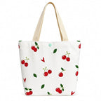 Cherry Print Canvas Tote Bag for Women, Cute Cotton Shoulder Handbag with Magnetic Button Closure, Reusable Shopping Bag for College, Office, Travel & Daily Use (31 x 25 cm, White)
