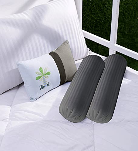 Trance Home Linen 100% Cotton 16x32 inch 200TC Striped Bolster Cover | Round Bed Side Long Bolster Pillow Cover to fit 24 Length 9 Dia | Pack of 2 Bolster Cover only (16x32 inch,Dark Grey)