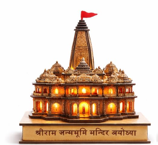 Ram Mandir Ayodhya 3D Wooden Model with LED Light, Handcrafted Shri Ram Janmabhoomi Temple Miniature for Home Decor, Pooja Room, Car Dashboard, Spiritual Gift