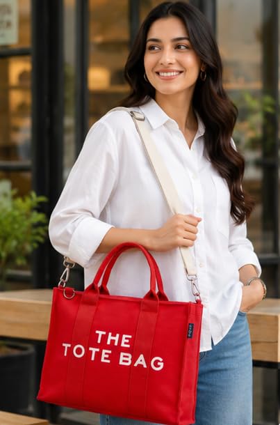 AQVA Printed Cotton Canvas Tote Bag with Detachable Sling Strap for Women | Large Capacity | Stylish Multipurpose Handbag with Zipper | Shoulder Bag for Laptop, Office & Travel (Red)