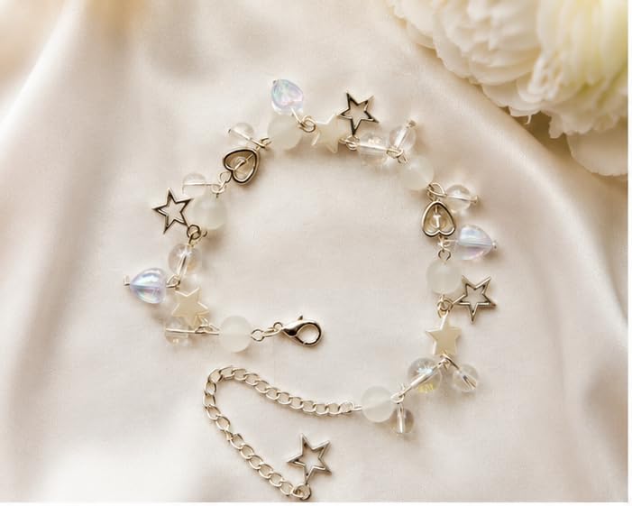 Aesthetic White Crystal Charm Bracelet for Girls | Handmade Y2K Star and Heart Beaded Bracelet with Adjustable Extension Chain by LOOPITSHOP