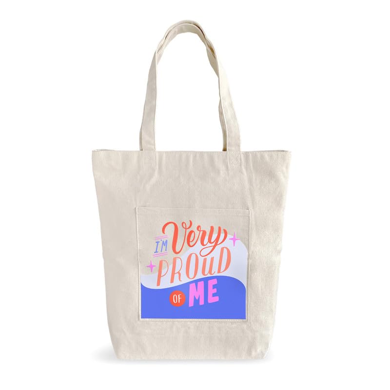 Zoomin Spacious Cotton Tote Bag with Zip Closure | Double Inner Pockets & 60cm Long Handle | Soft Fabric Shopping Bag for Travel, Work & Daily Essentials | Perfect For Office & Travel-Proud Of Me