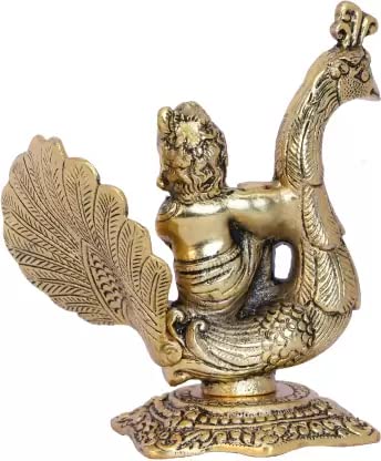KridayKraft Lord Krishna Sitting on Peacock Metal Statue Krishna Idol Playing Flute Decorative Showpiece - 15 cm (Aluminium, Gold)