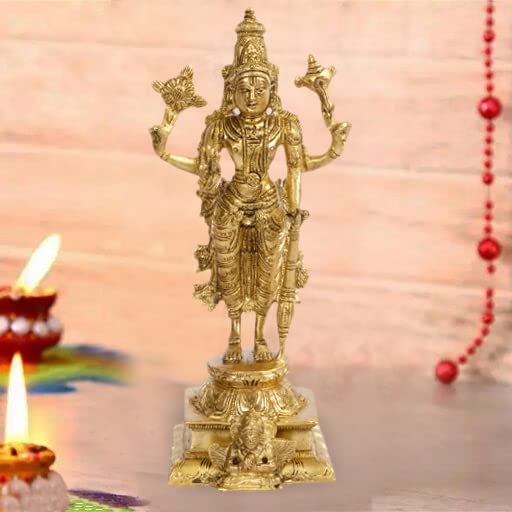ARTVARKO Brass Lord Vishnu Statue Standing with Garuda Murti Narayan Idol Religious Figurine for Home Decor, Pooja Room, Office Table and Gift Showpiece 9 Inch