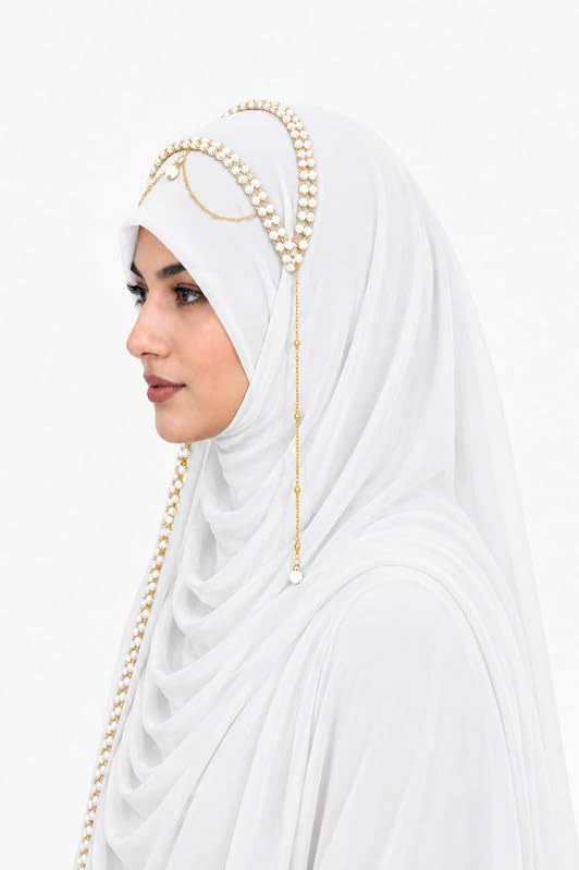 AL NOOR HIJAB Women's Pearl Chain Stone Hijab Scarf WIth Chiffon Dupatta