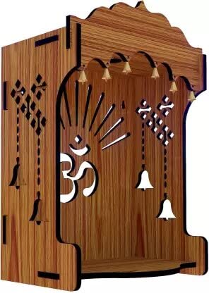 HM Bell Om Pooja Wooden Mandir for Home Wall Mounted | Wood Puja Home Temple with Double Shelf for Storage and God Idols Decoration for Living Room, Bedroom and Office