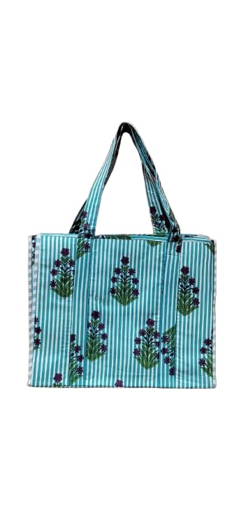HOUSE OF GULAB Green Pink Cotton Tote Bag Reusable Shopping Bag Printed Canvas Cloth Carry Bag with Long Handle for Women & Men Eco Friendly Grocery Storage Travel Bag 15x18 Inch (Green & Pink)