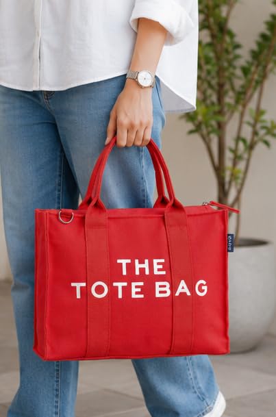 AQVA Printed Cotton Canvas Tote Bag with Detachable Sling Strap for Women | Large Capacity | Stylish Multipurpose Handbag with Zipper | Shoulder Bag for Laptop, Office & Travel (Red)