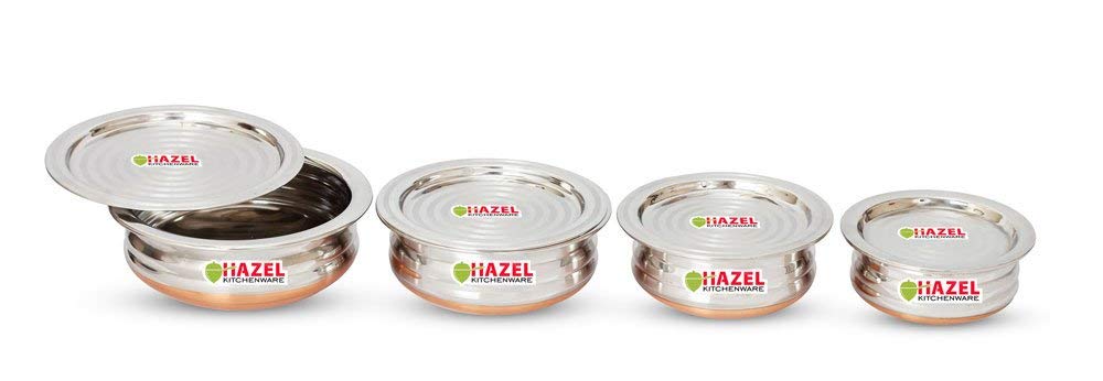 HAZEL Copper Bottom Uruli with Lid | Stainless Steel Biryani Cooking and Serving Pot Set of 4 (800 ML, 1200 ML, 1600 ML, 2000 ML)