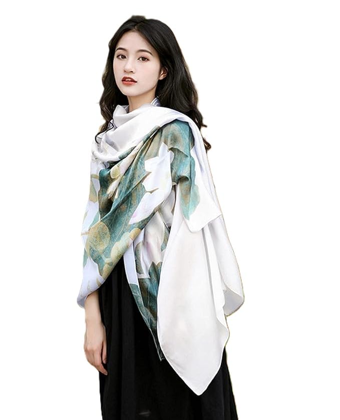 Alexvyan Satin Silk Summer Scarves 170 x 84 cm, Floral Print Green and Off White Colour with Stitched Border, Lightweight Fashion Scarf for Women Sun Protection Stole