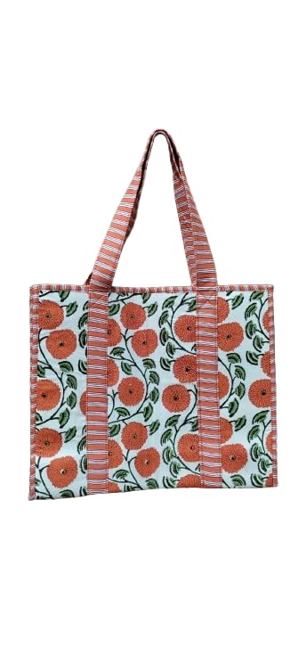 HOUSE OF GULAB Orange Cotton Tote Bag Reusable Shopping Bag Printed Canvas Cloth Carry Bag with Long Handle for Women & Men Eco Friendly Grocery Vegetable Storage Travel Bag 15x18 Inch (Orange)
